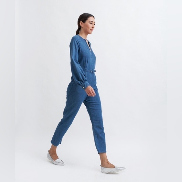 RACHEL COMEY Blue Chambray Long Balloon Sleeve Slit Jumpsuit sz 2 - Picture 4 of 9